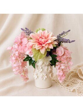 Pink Silk Floral Arrangement White Daisy Ceramic Vase Hydrangea Dahlia Decor